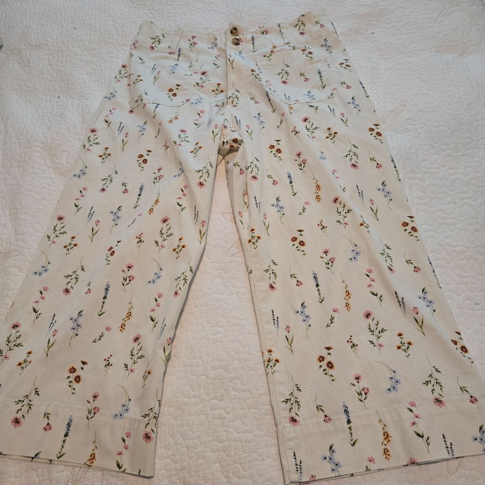 LC Lauren Conrad Wide Leg Crop Pants Women 16P Beige Floral Wildflower High Rise